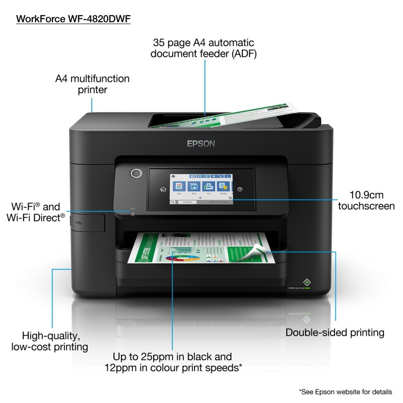 Epson - WorkForce Pro WF-4820DWF - Multifonction (impression, copie, scan,  fax) Jet d'encre, couleur, A4, Chargeur ADF, recto verso uniquement en  impression, 25 ppm