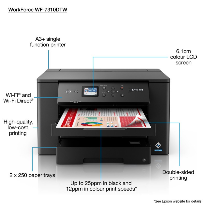 Epson - WorkForce WF-7310DTW - Imprimante, couleur, jet d’encre, A3, recto verso,75 ppm 