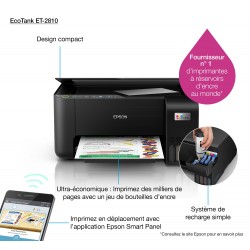 Epson - EcoTank ET-2810 - Multifonction, impression, copie, scan, Jet d’encre, Couleur, A4,, pas de recto verso, pas de chargeur