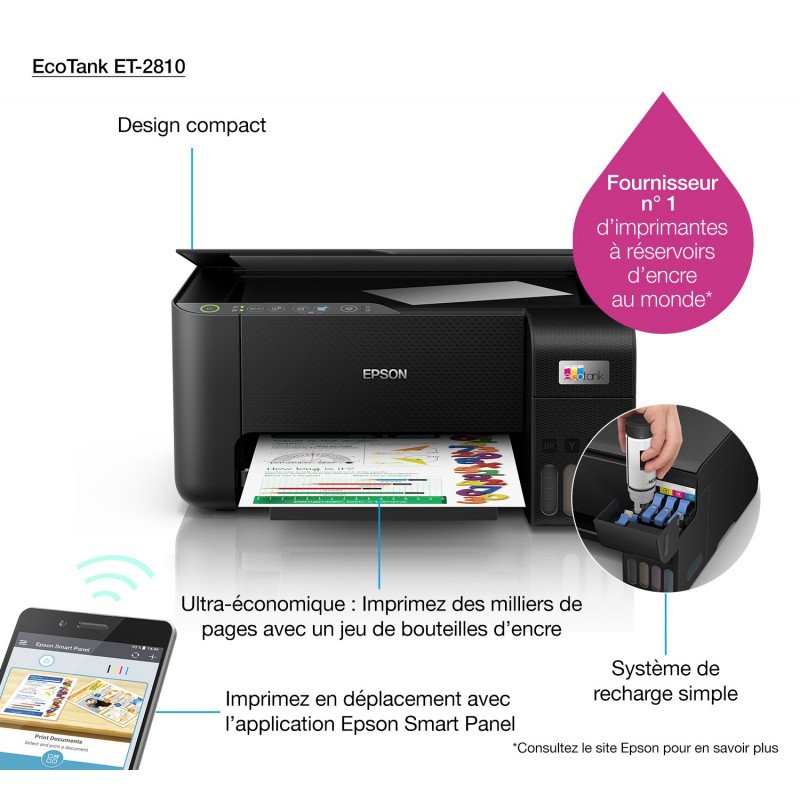 Epson - EcoTank ET-2810 - Multifonction, impression, copie, scan, Jet d’encre, Couleur, A4,, pas de recto verso, pas de chargeur