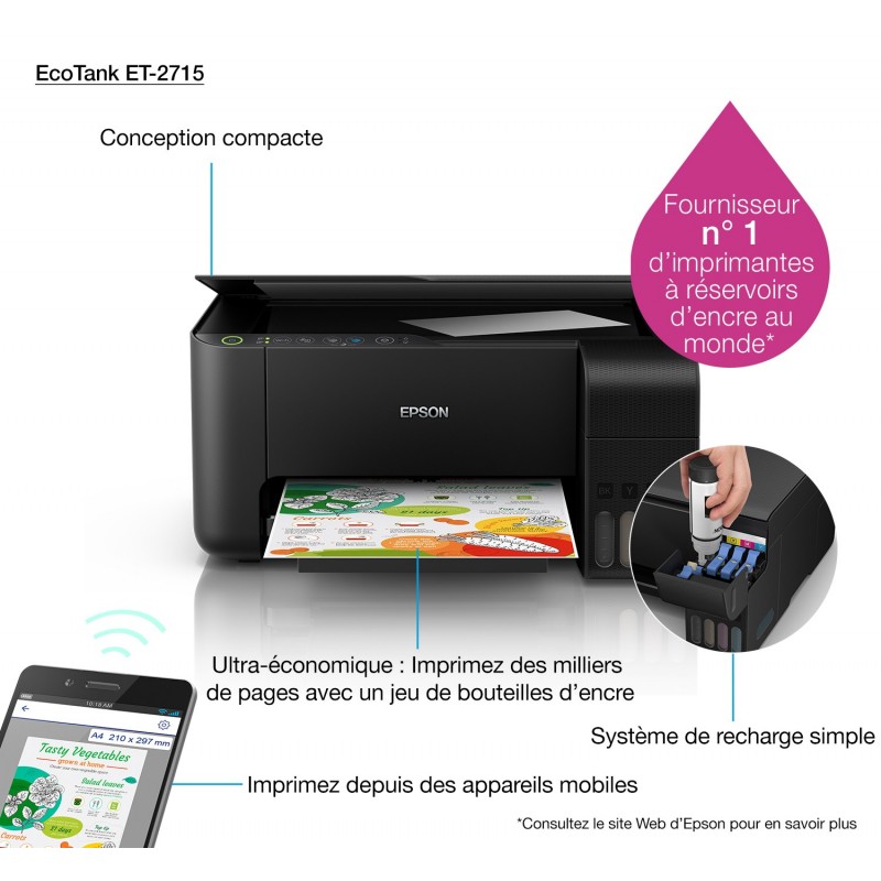 Epson - EcoTank  ET-2715 - Multifonction, impression, copie, scan, jet d'encre, Couleur, A4, pas de chargeur de document, pas de