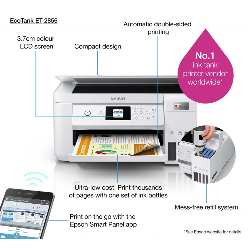 Epson  - EcoTank ET-2856 - Multifonction, impression, copie, scan, jet d'encre, Couleur, A4, pas de chargeur de document, recto 