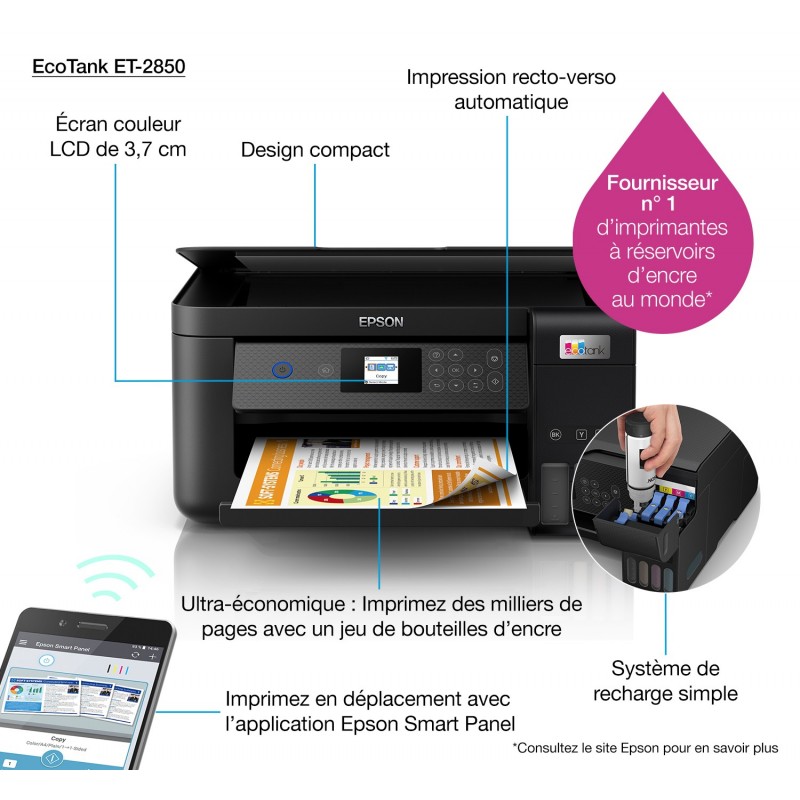 Epson - EcoTank ET-2850 - Multifonction, impression, copie, scan, jet d'encre, Couleur, A4, pas de chargeur de document, recto v