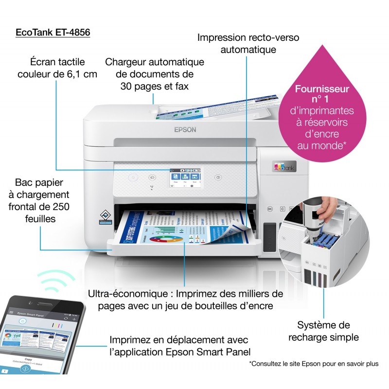 Epson -  Ecotank ET-4856 - Multifonction, impression, copie, scan, fax, Jet d’encre, Couleur, A4, recto verso en impression uniq