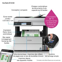 Epson - EcoTank ET-5150 -  Multifonction, impression, copie, scan, Jet d’encre, Couleur, A4, recto verso uniquement en impressio