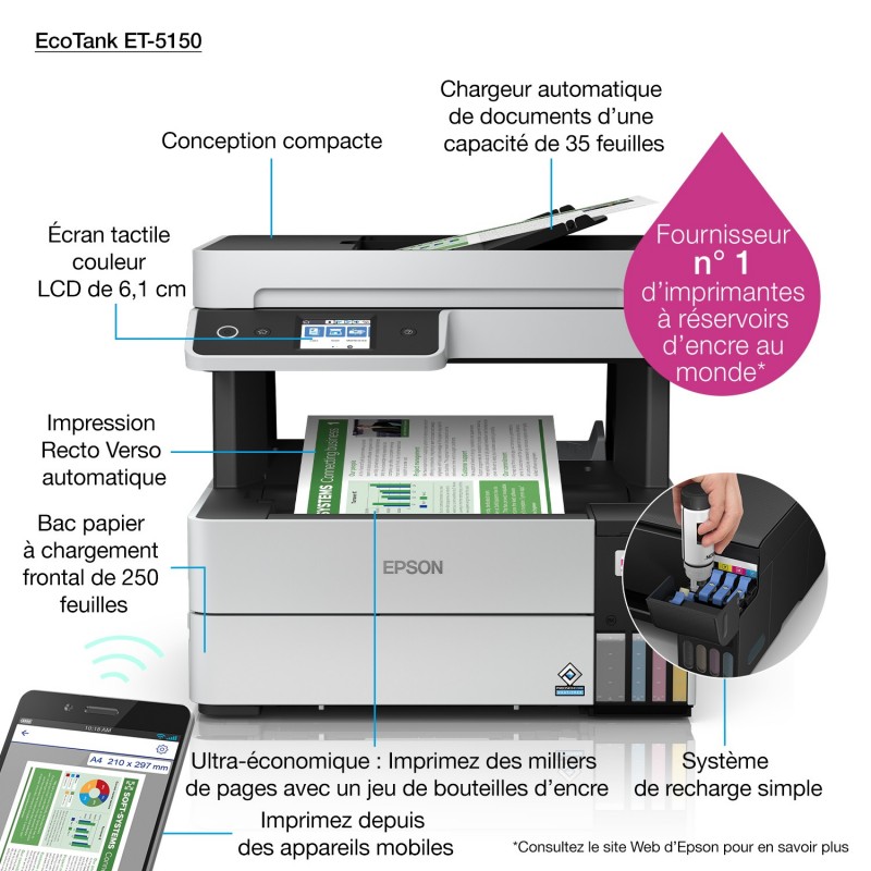 Epson - EcoTank ET-5150 -  Multifonction, impression, copie, scan, Jet d’encre, Couleur, A4, recto verso uniquement en impressio
