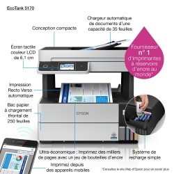 Epson - EcoTank ET-5170 -  Multifonction, impression, copie, scan, fax, Jet d’encre, Couleur, A4, recto verso uniquement en impr