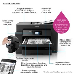 Epson - EcoTank ET-M16600 - Multifonctions, impression, copie, scan, noir et blanc, jet d’encre, A3, recto verso en impression, 