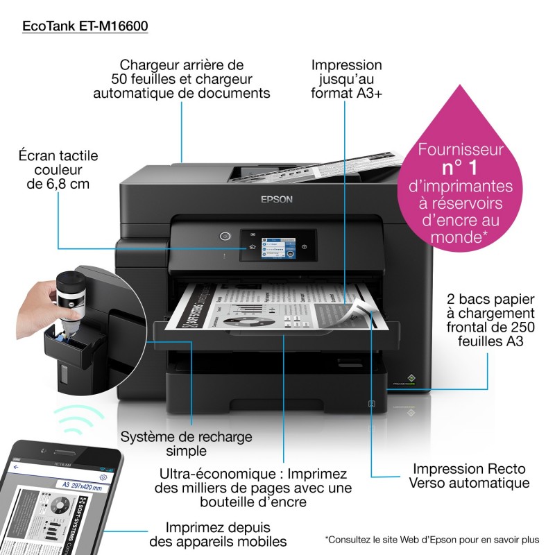 Epson - EcoTank ET-M16600 - Multifonctions, impression, copie, scan, noir et blanc, jet d’encre, A3, recto verso en impression, 