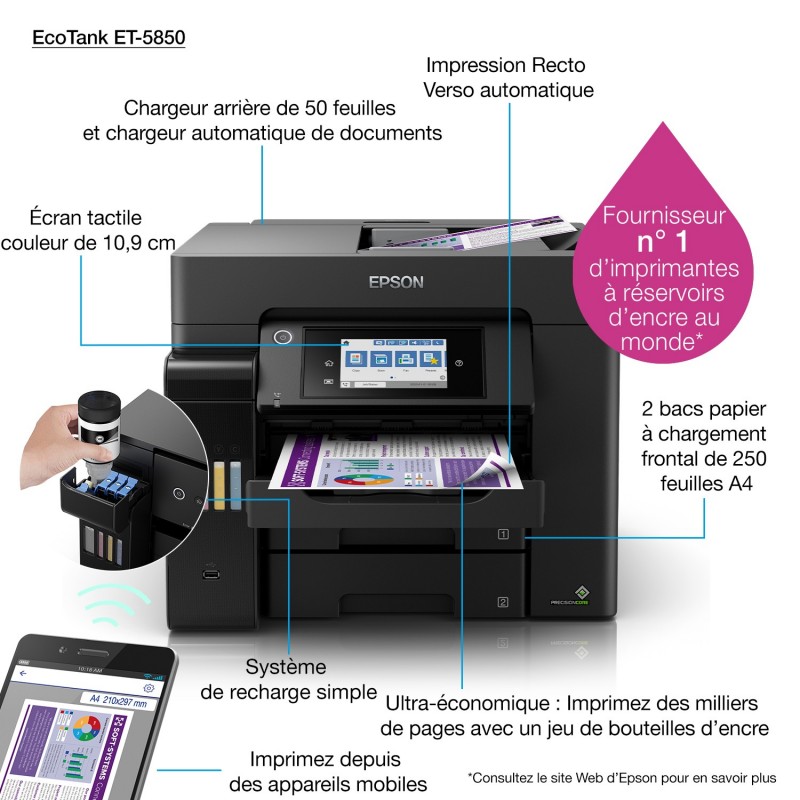 Epson - EcoTank ET-5850 -  Multifonction, impression, copie, scan, fax, Jet d’encre, Couleur, A4, recto verso  en impression, co