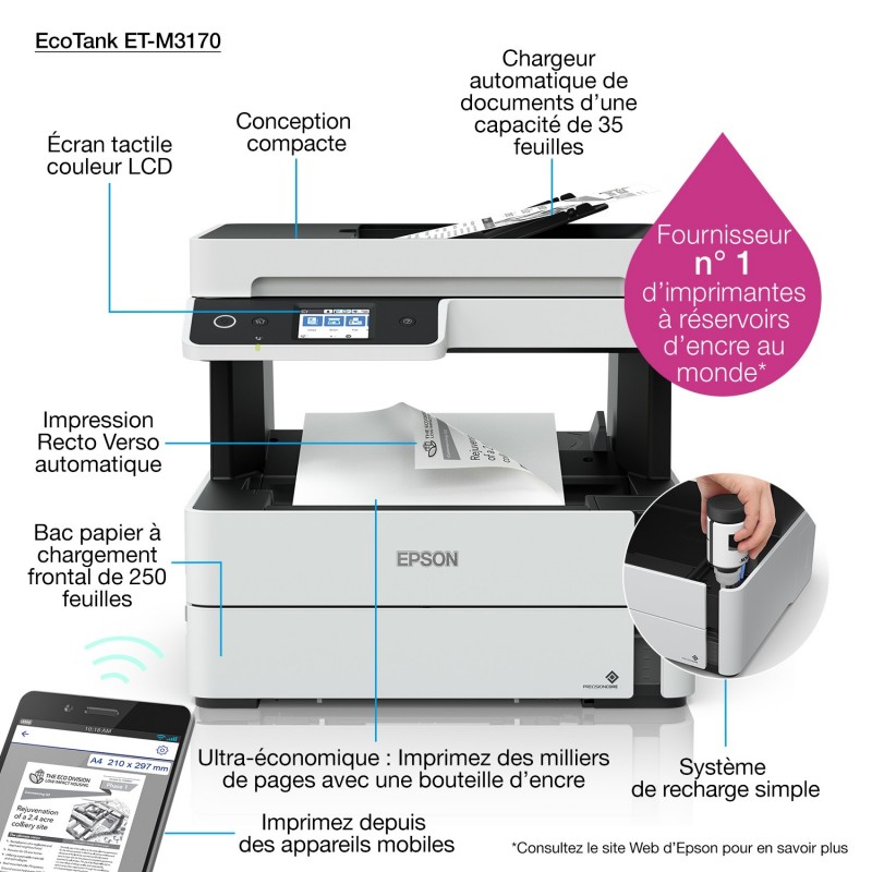 Epson - EcoTank ET-M3170 - Multifonction, impression, copie, scan, fax, jet d'encre, noir et blanc, A4, chargeur de document ADF