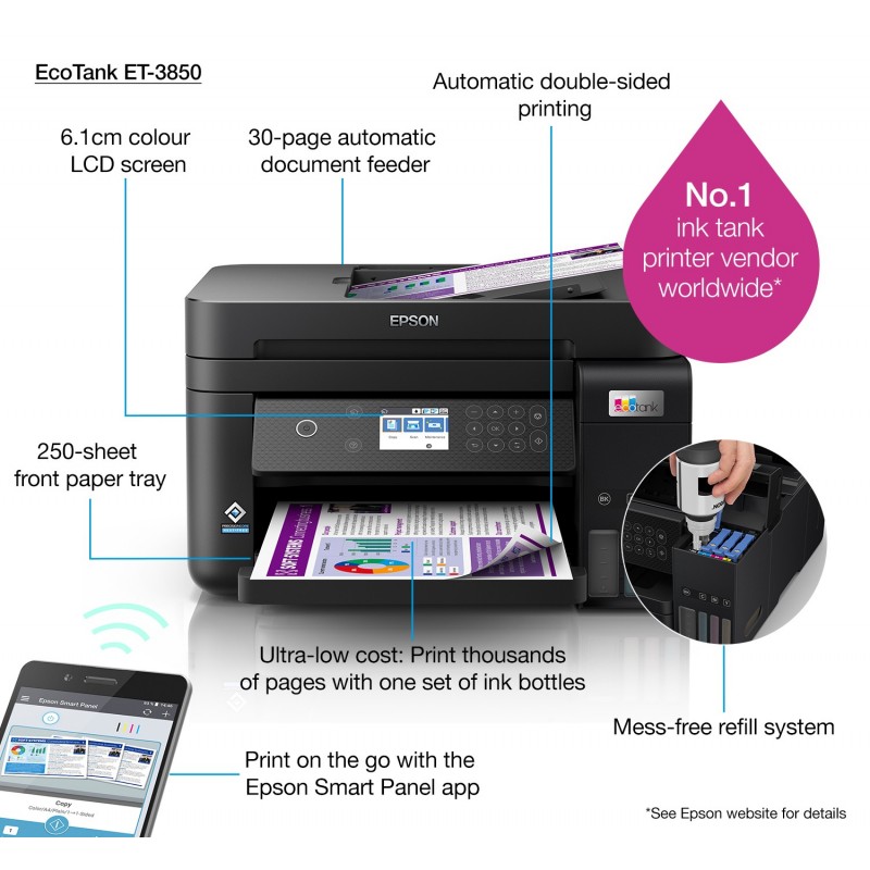 Epson - EcoTank ET-3850 - Multifonction couleur, impression, copie, scan,  jet d'encre, A4, chargeur de documents ADF, recto verso uniquement en  impression, 15 ppm